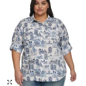 Karl Lagerfeld Paris Whimsical Woven Button-Down Blouse 1X Classic Lightweight
